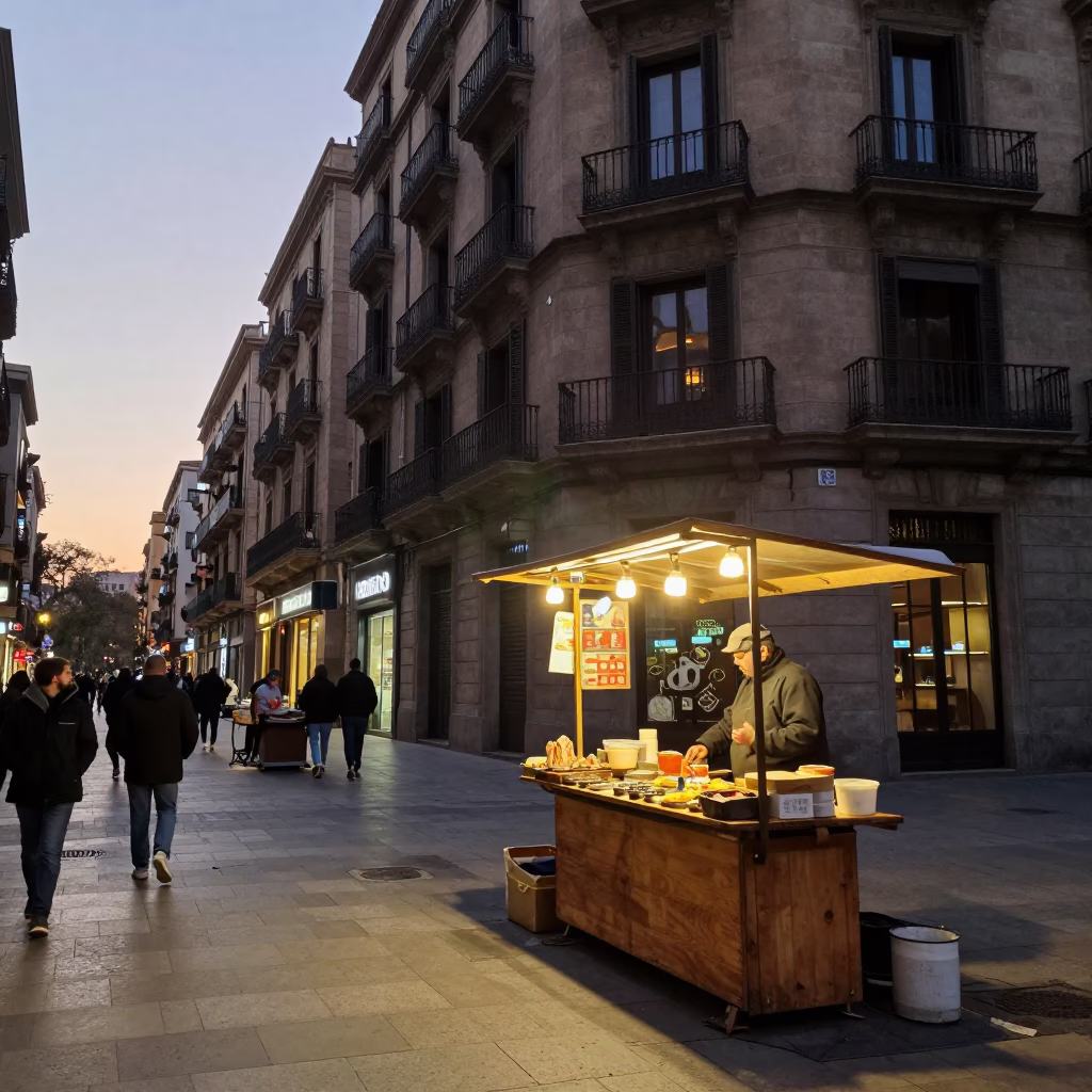 Early Morning Barcelona Street Scene with Local Vendor and Produce at Dawn in in Barcelona, Spain