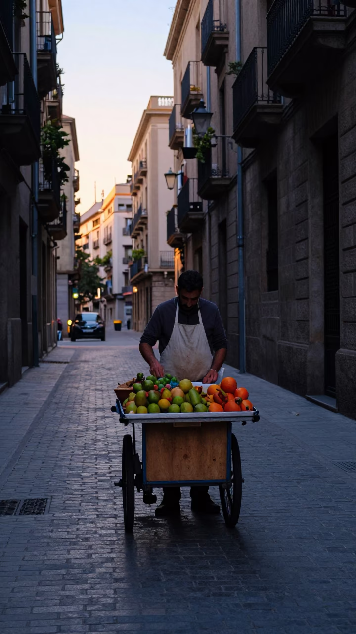 Early Morning Barcelona Street Scene with Local Vendor and Vintage Details in in Barcelona, Spain