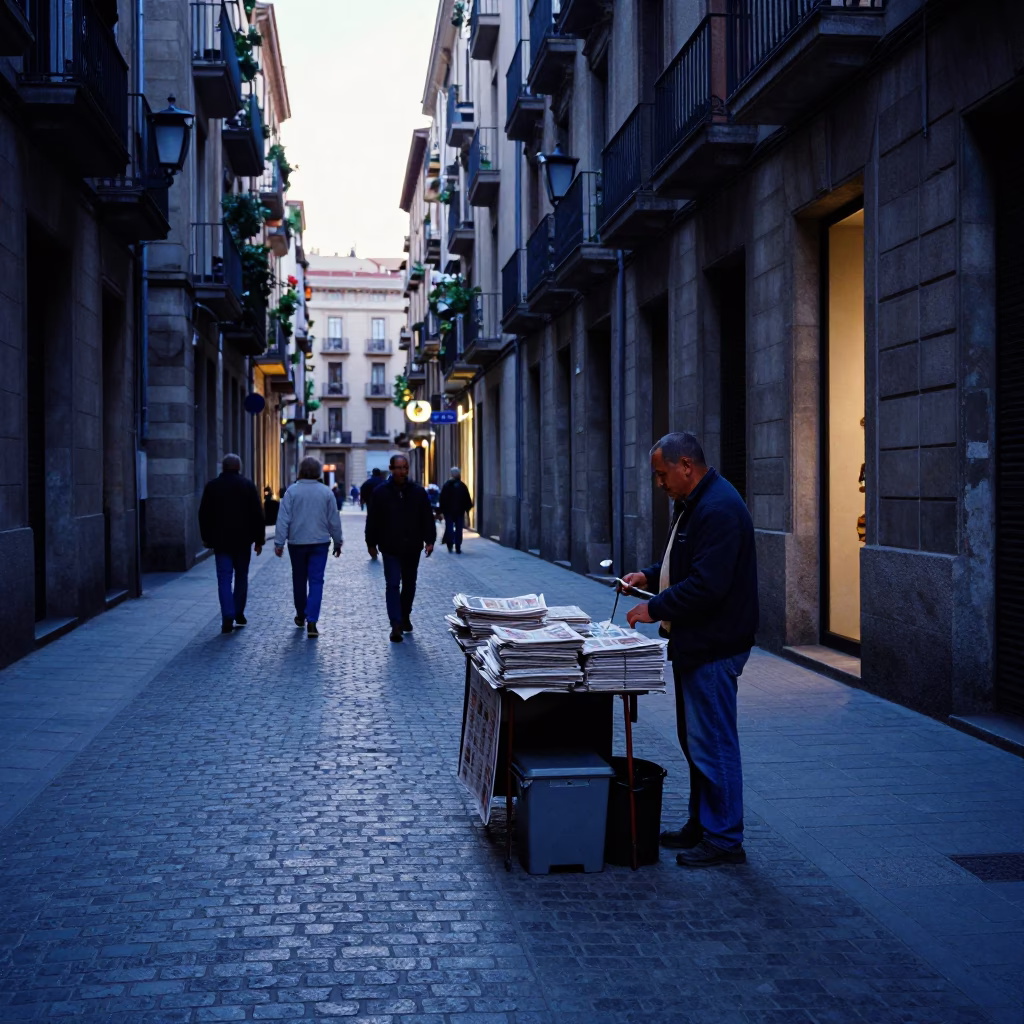 Early Morning Barcelona Street Scene with Newspaper Stack and Measuring Tape Before Sunrise in in Barcelona, Spain