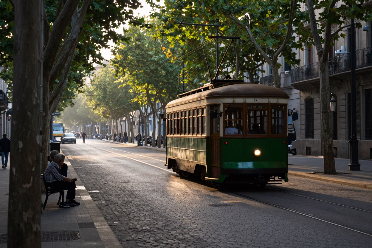 Early Morning Barcelona Street Scene with Old Trolley and Tree Lined Avenue in in Barcelona, Spain
