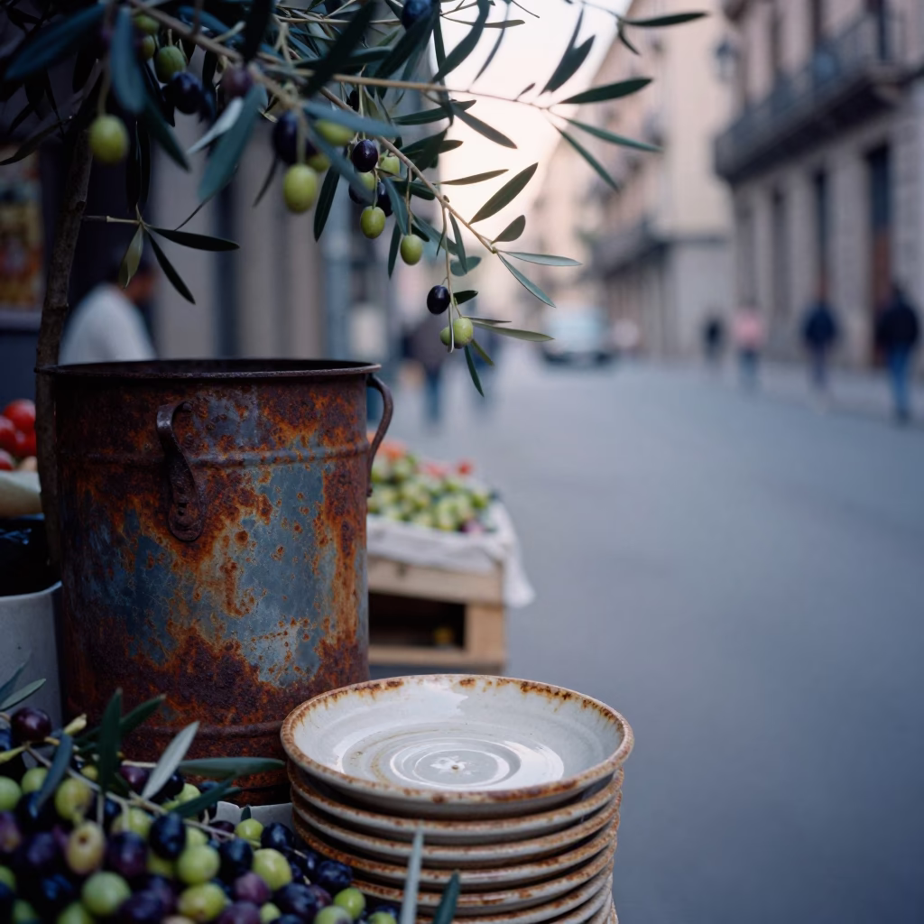 Early Morning Barcelona Street Scene with Olives and Rusty Saucer on Market Table in in Barcelona, Spain