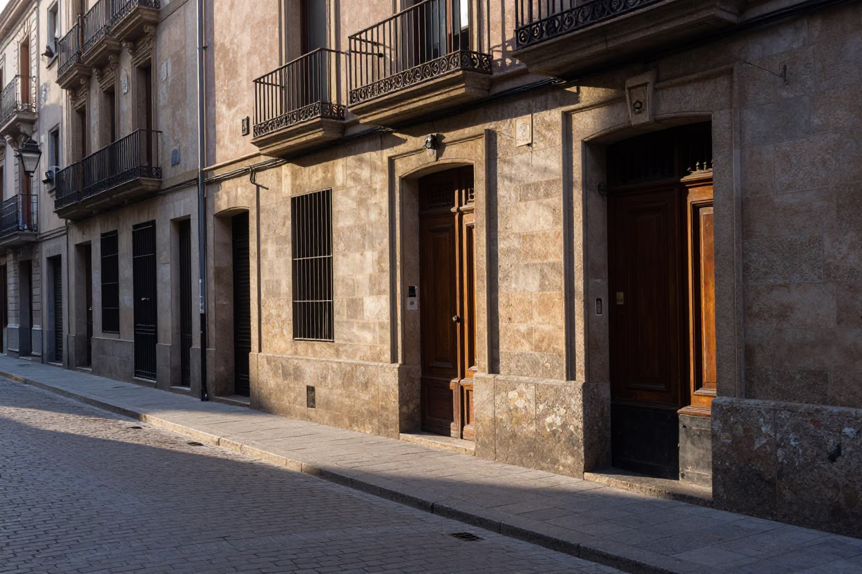 Early Morning Barcelona Street Scene with Paint Flecks and Local Details in in Barcelona, Spain