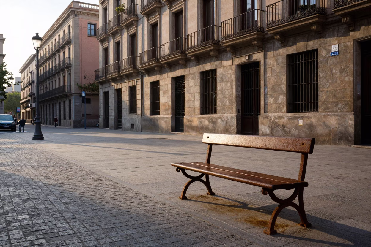 Early Morning Barcelona Street Scene with Rusty Bench and Potted Plants in in Barcelona, Spain