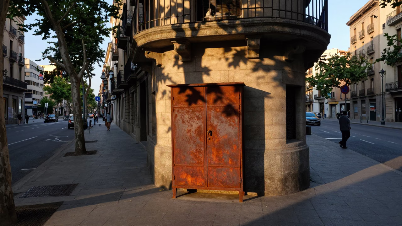 Early Morning Barcelona Street Scene with Rusty Cabinet and Leaf Shadows in in Barcelona, Spain