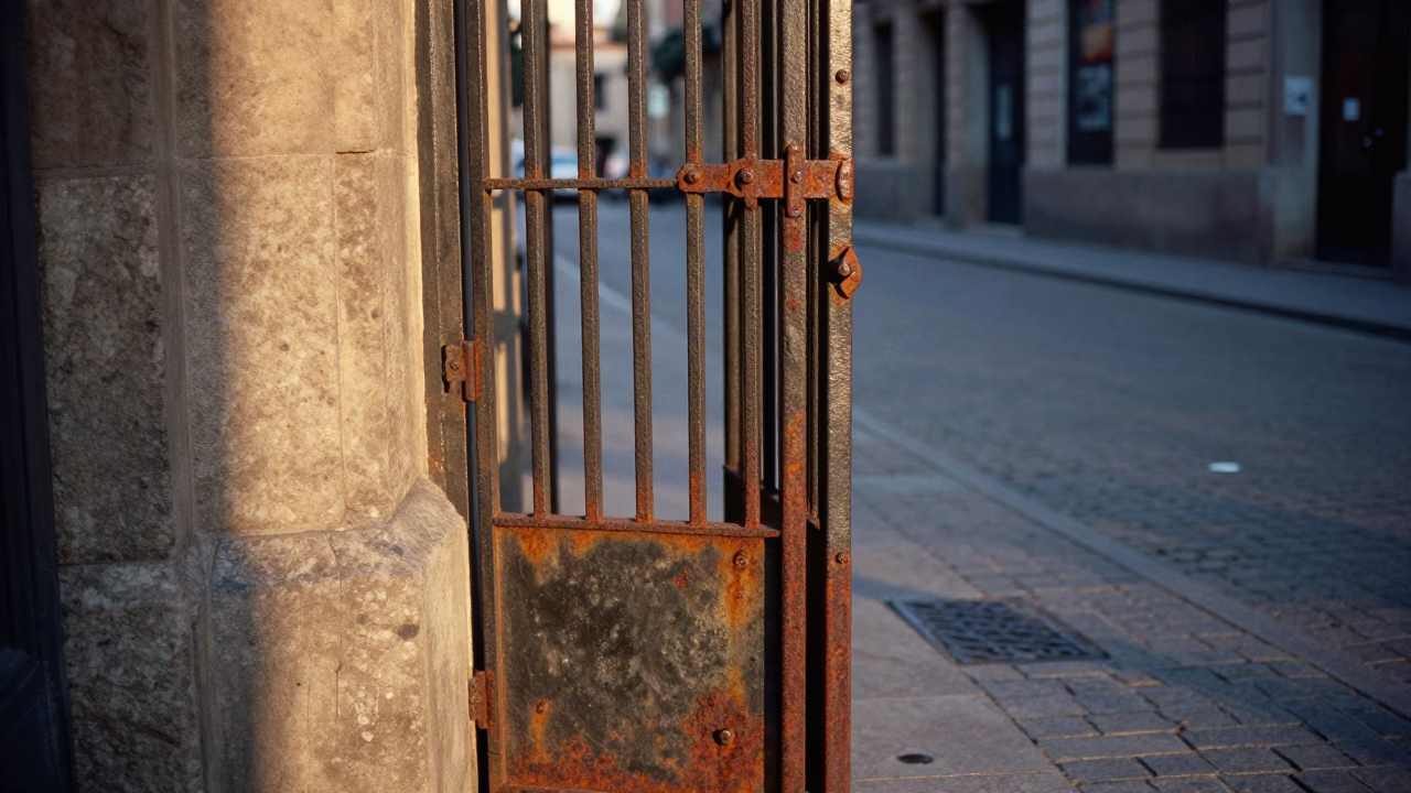 Early Morning Barcelona Street Scene with Rusty Hinges and Puddle Reflections in in Barcelona, Spain