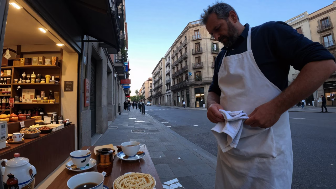 Early Morning Barcelona Street Scene with Shopkeeper and Tea Towel in in Barcelona, Spain