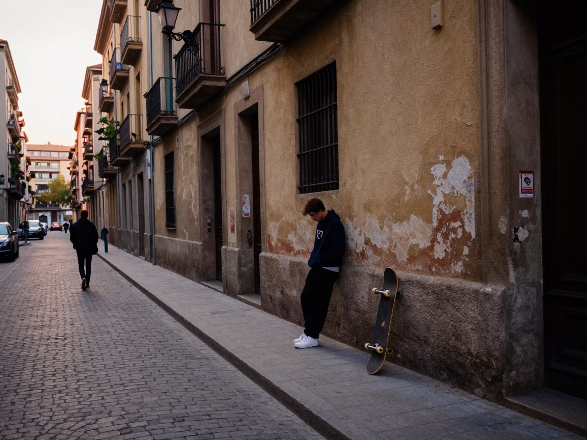 Early Morning Barcelona Street Scene with Skateboarder and Urban Details in in Barcelona, Spain