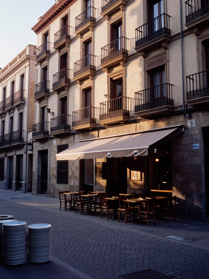 Early Morning Barcelona Street Scene with Stacked Plates and Local Breakfast Culture in in Barcelona, Spain