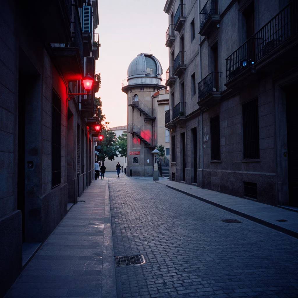 Early Morning Barcelona Street Scene with Tea Stains and Fig Vendor Before Sunrise in in Barcelona, Spain