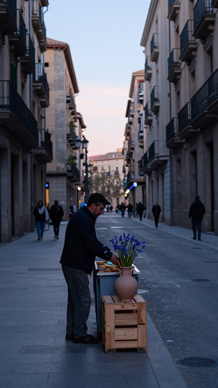 Early Morning Barcelona Street Scene with Vase and Bluebell Carpet in in Barcelona, Spain