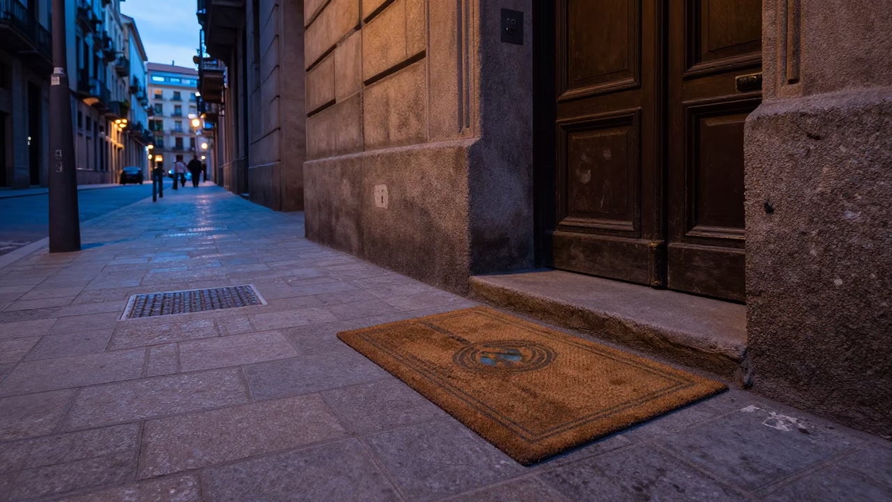 Early Morning Barcelona Street Scene with Vintage Doormat and Key Blank Before Dawn in in Barcelona, Spain