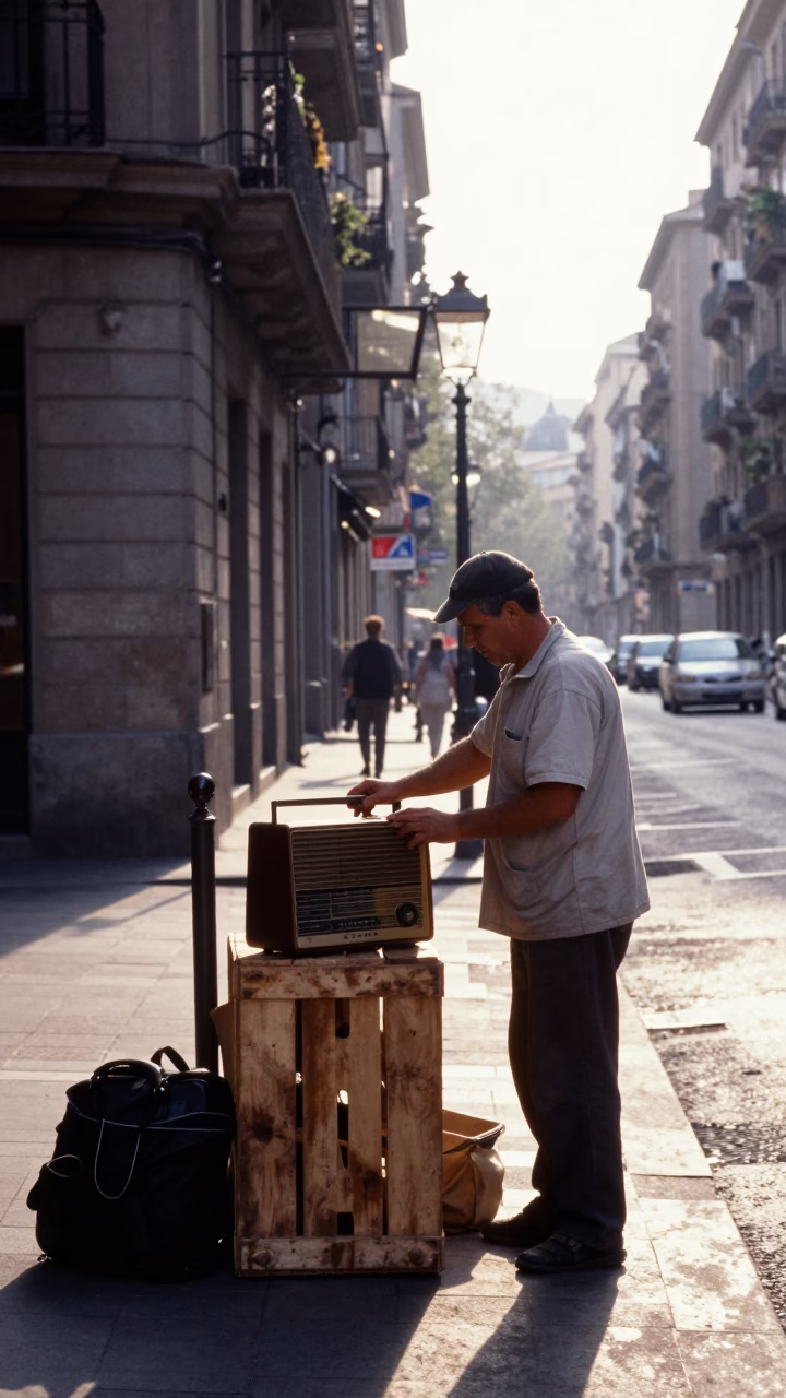 Early Morning Barcelona Street Scene with Vintage Radio and Ceramic Cup in in Barcelona, Spain