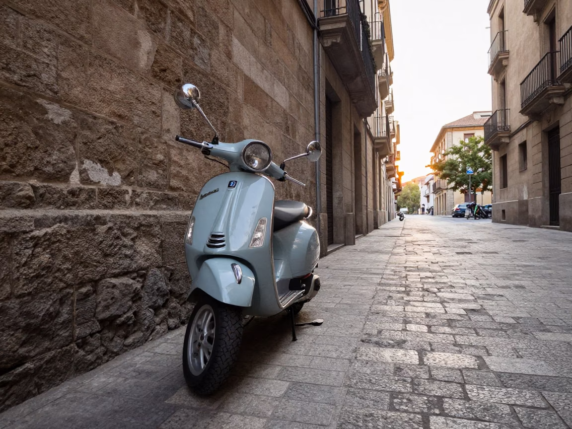 Early Morning Barcelona Street Scene with Vintage Vespa on Cobblestone Lane in in Barcelona, Spain