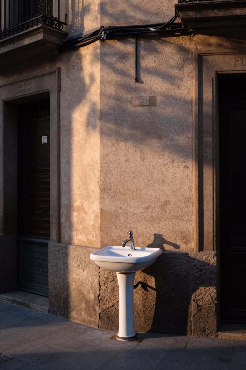 Early Morning Barcelona Street Scene with Wash Basin and Blue Porcelain Bowl in in Barcelona, Spain