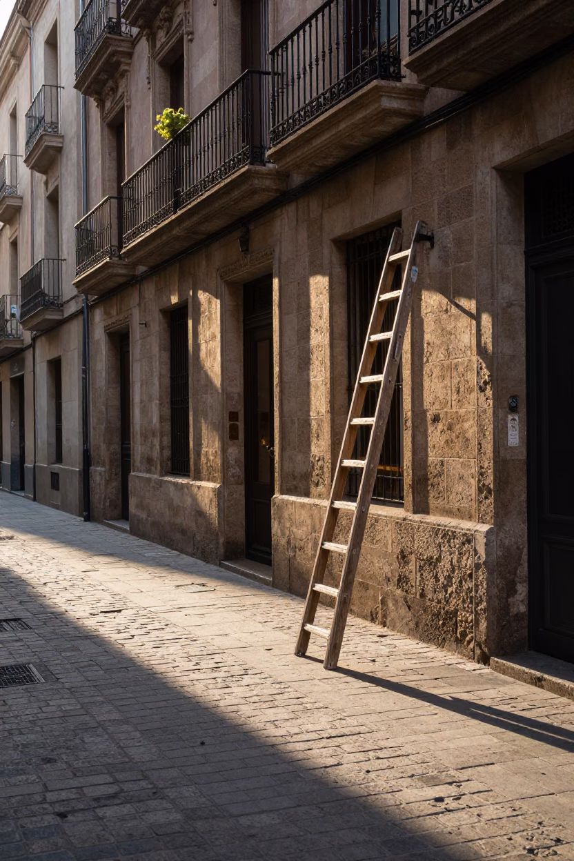Early Morning Barcelona Street Scene with Wooden Ladder and Glass Tumbler in in Barcelona, Spain