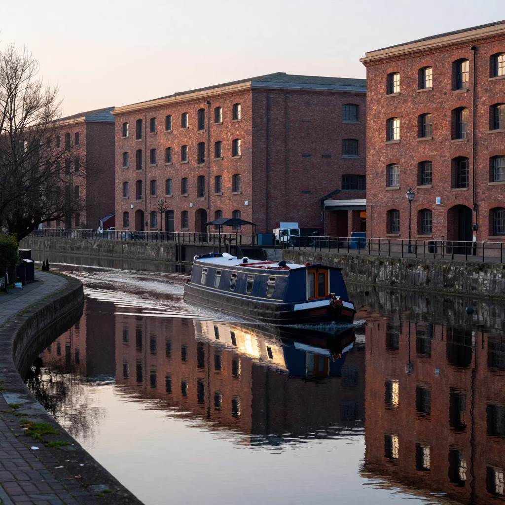 Early Morning Barge on Liverpool Canal Near Albert Dock Before Sunrise in in Liverpool, United Kingdom