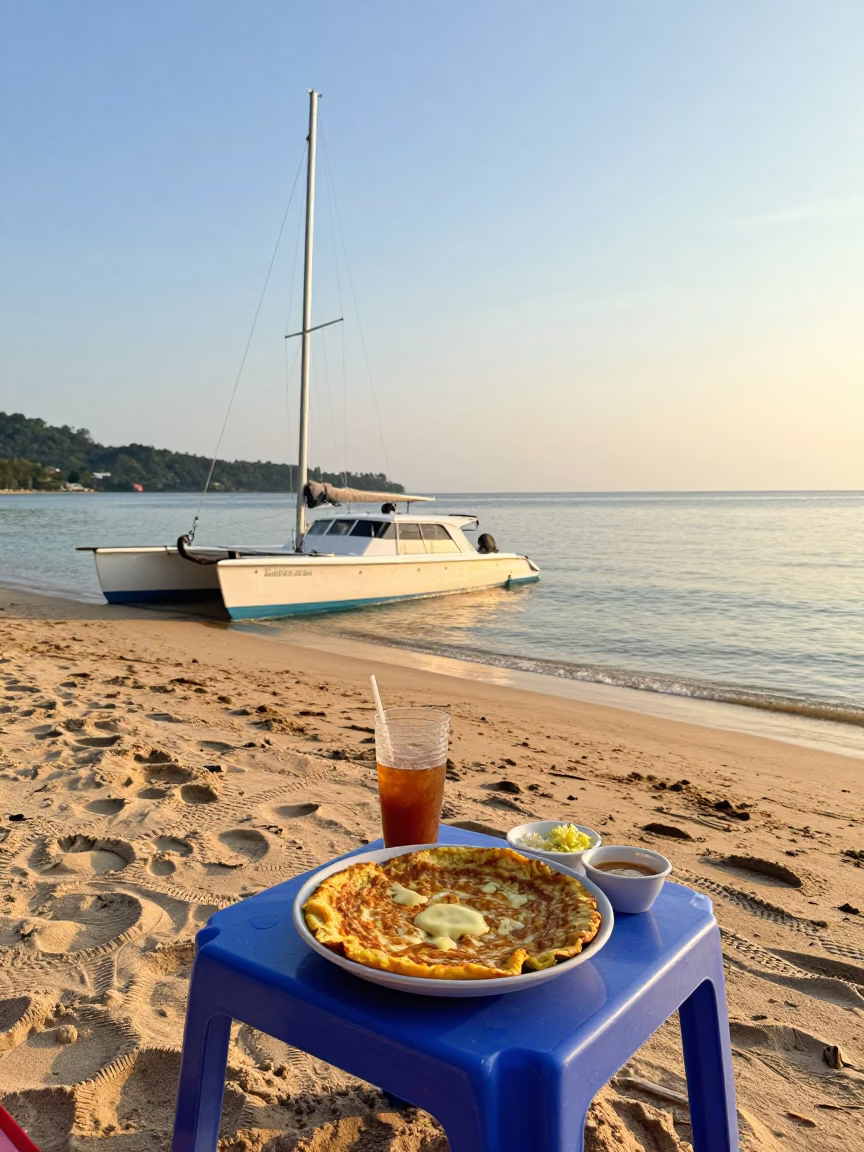 Early Morning Beachside Breakfast in Phuket Thailand with Catamaran and Local Food in in Phuket, Thailand