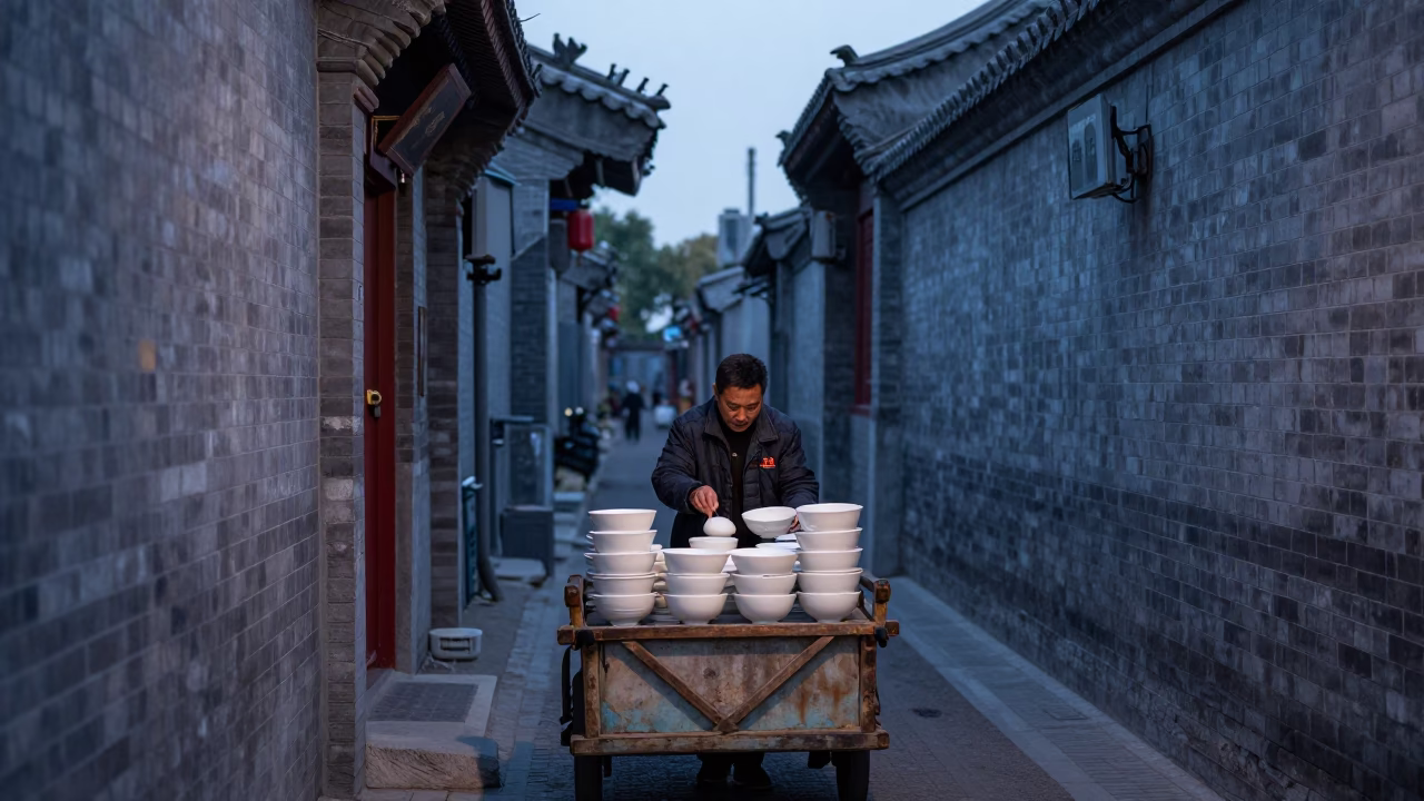 Early Morning Beijing Alleyway Life Before Dawn with Traditional Porcelain and Market Goods in in Beijing, China