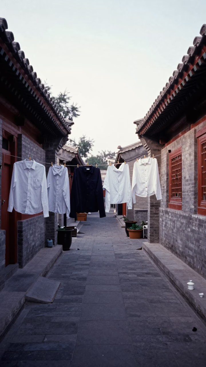 Early Morning Beijing Courtyard Scene with Laundry and Tea Canister in in Beijing, China