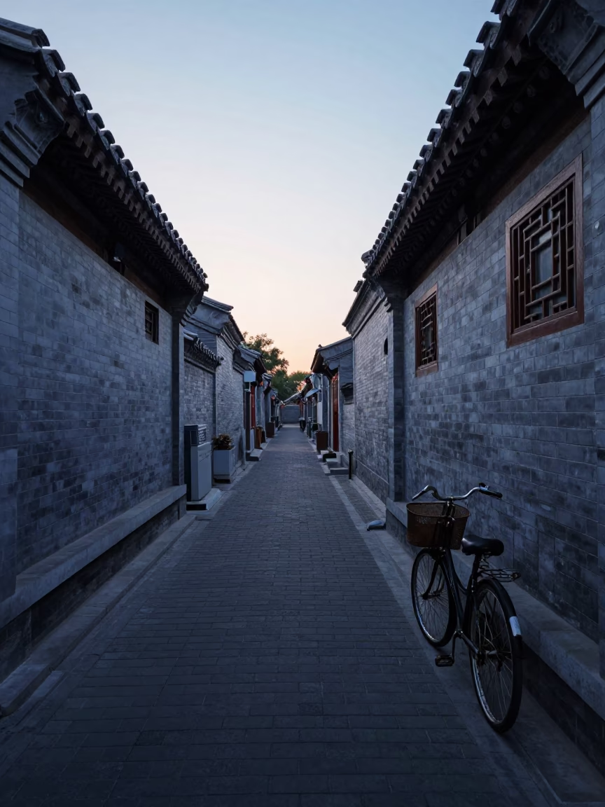 Early Morning Beijing Hutong Alleyway Scene Before Sunrise with Vintage Details in in Beijing, China
