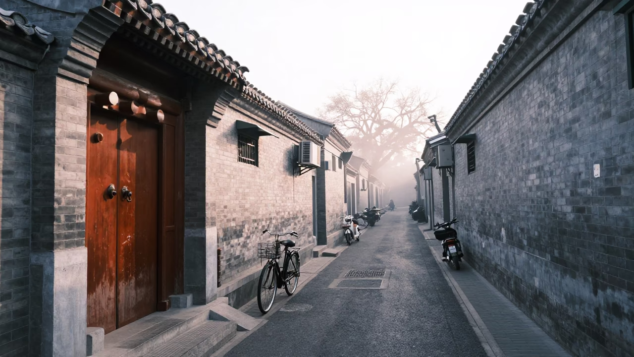 Early Morning Beijing Hutong Street Scene with Bicycle and Traditional Architecture in in Beijing, China