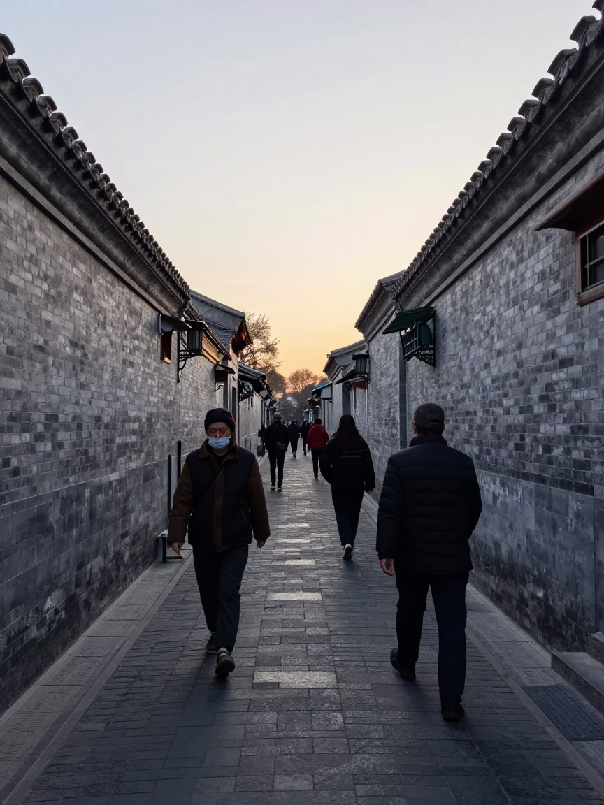 Early Morning Beijing Hutong Street Scene with Pedestrians and Traditional Architecture in in Beijing, China