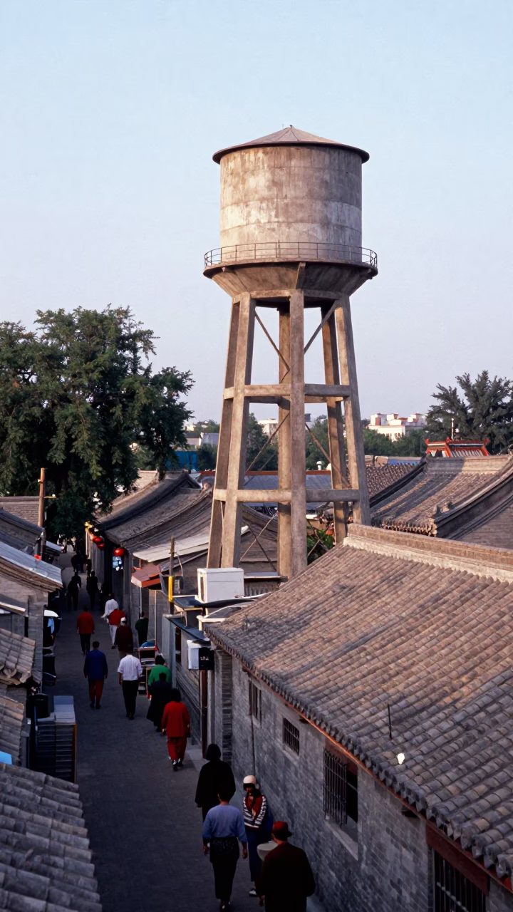 Early Morning Beijing Rooftop Water Tower with Vintage 1960s Street Scene in in Beijing, China