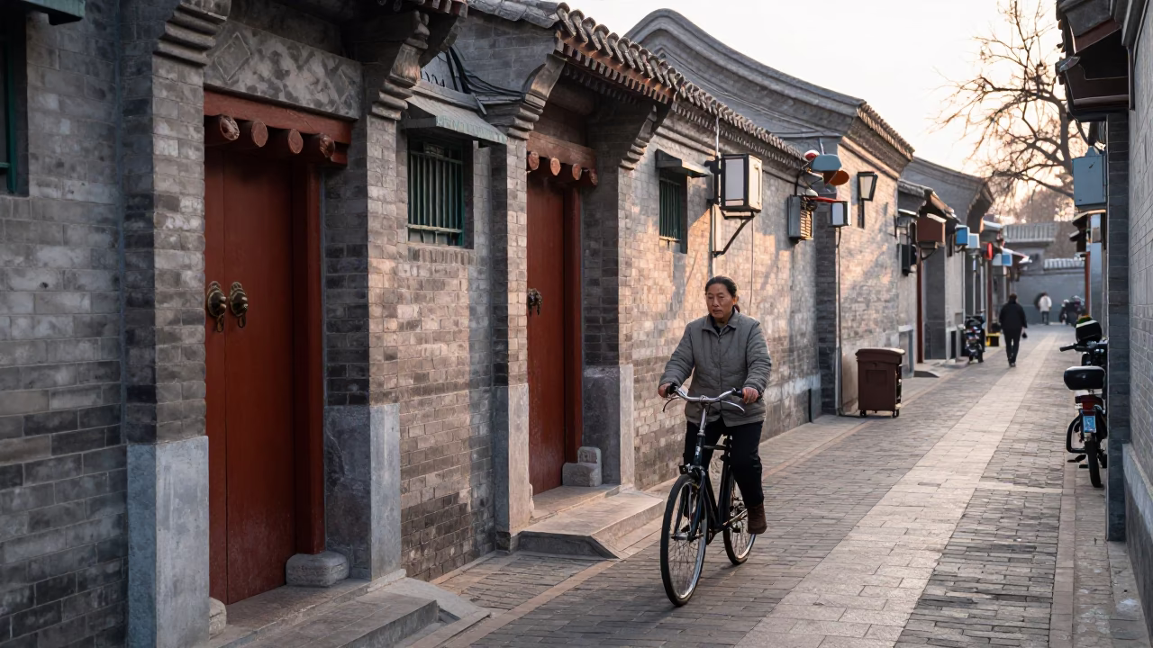 Early Morning Beijing Street Scene with Bicycle and Morning Light in in Beijing, China