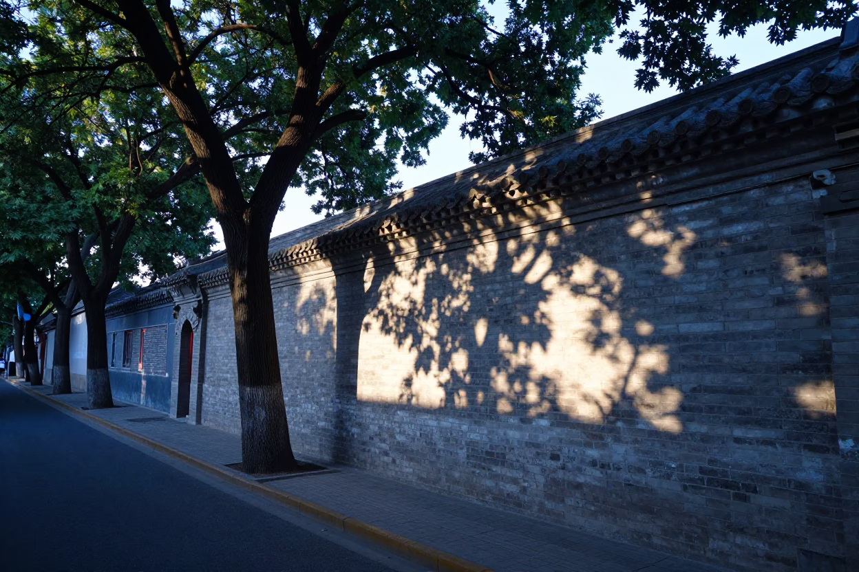 Early Morning Beijing Street Scene with Blue and White Porcelain Plate and Leaf Shadows in in Beijing, China