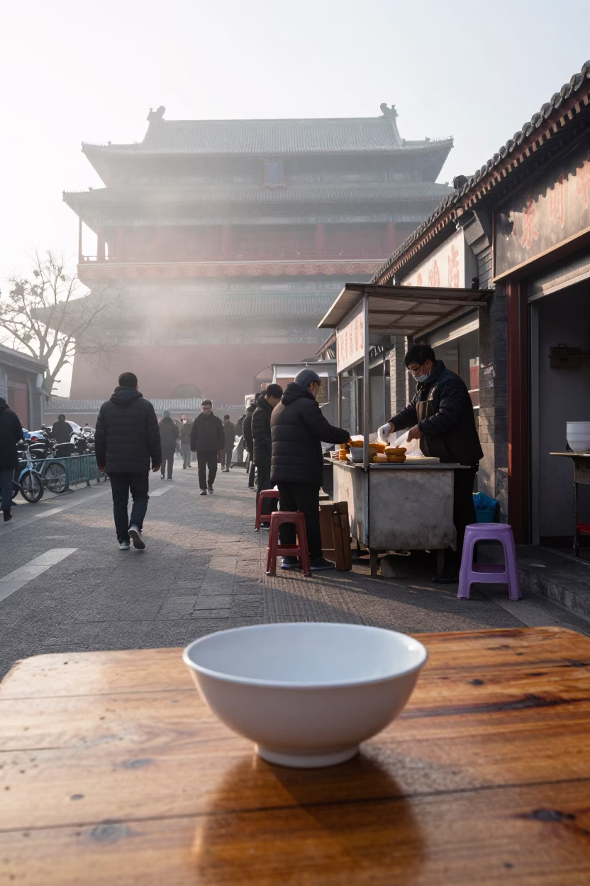 Early Morning Beijing Street Scene with Ceramic Bowl and Utensil Crock on Wooden Table in in Beijing, China