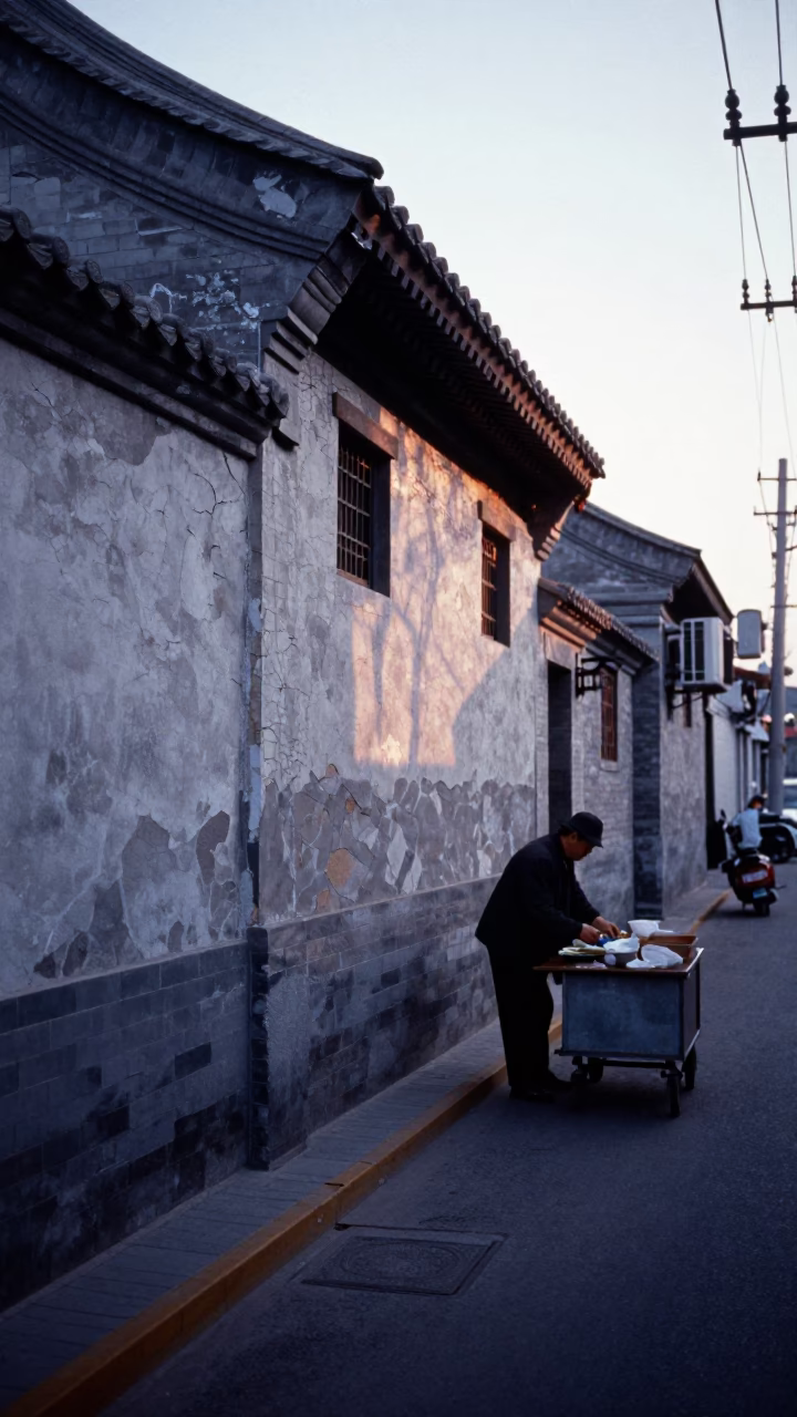 Early Morning Beijing Street Scene with Cracked Stucco and Porcelain Jar in in Beijing, China