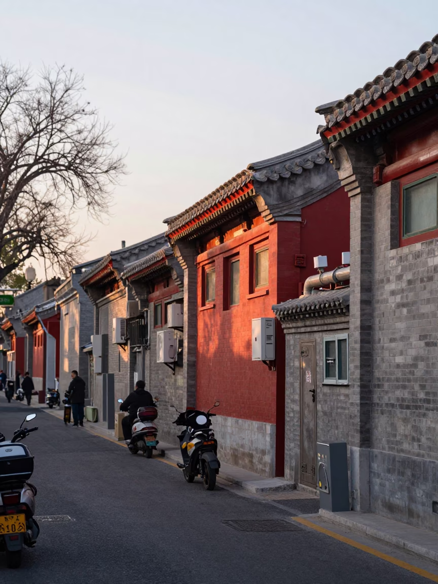 Early Morning Beijing Street Scene with District Heating Pipes and Autumn Leaves in in Beijing, China