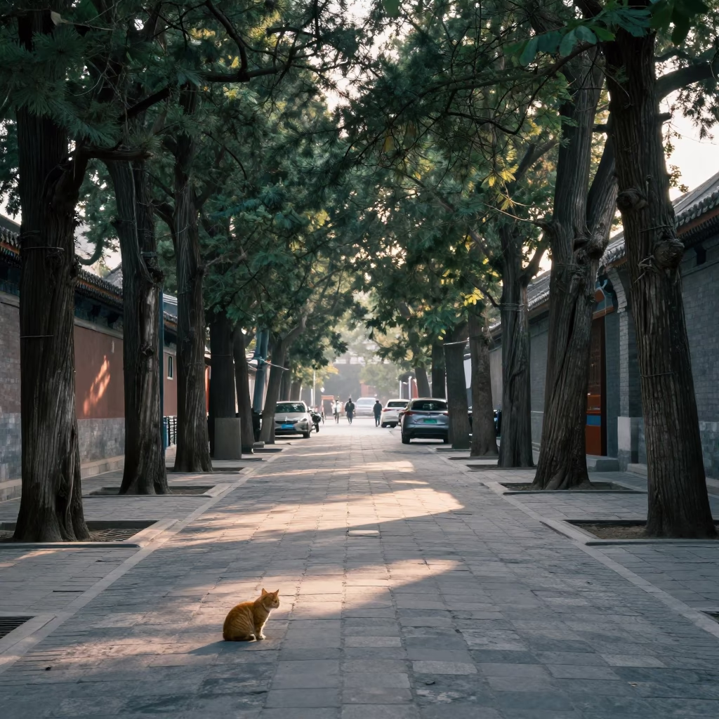 Early Morning Beijing Street Scene with Ginger Cat and Ink Bottle on Stone Table in in Beijing, China