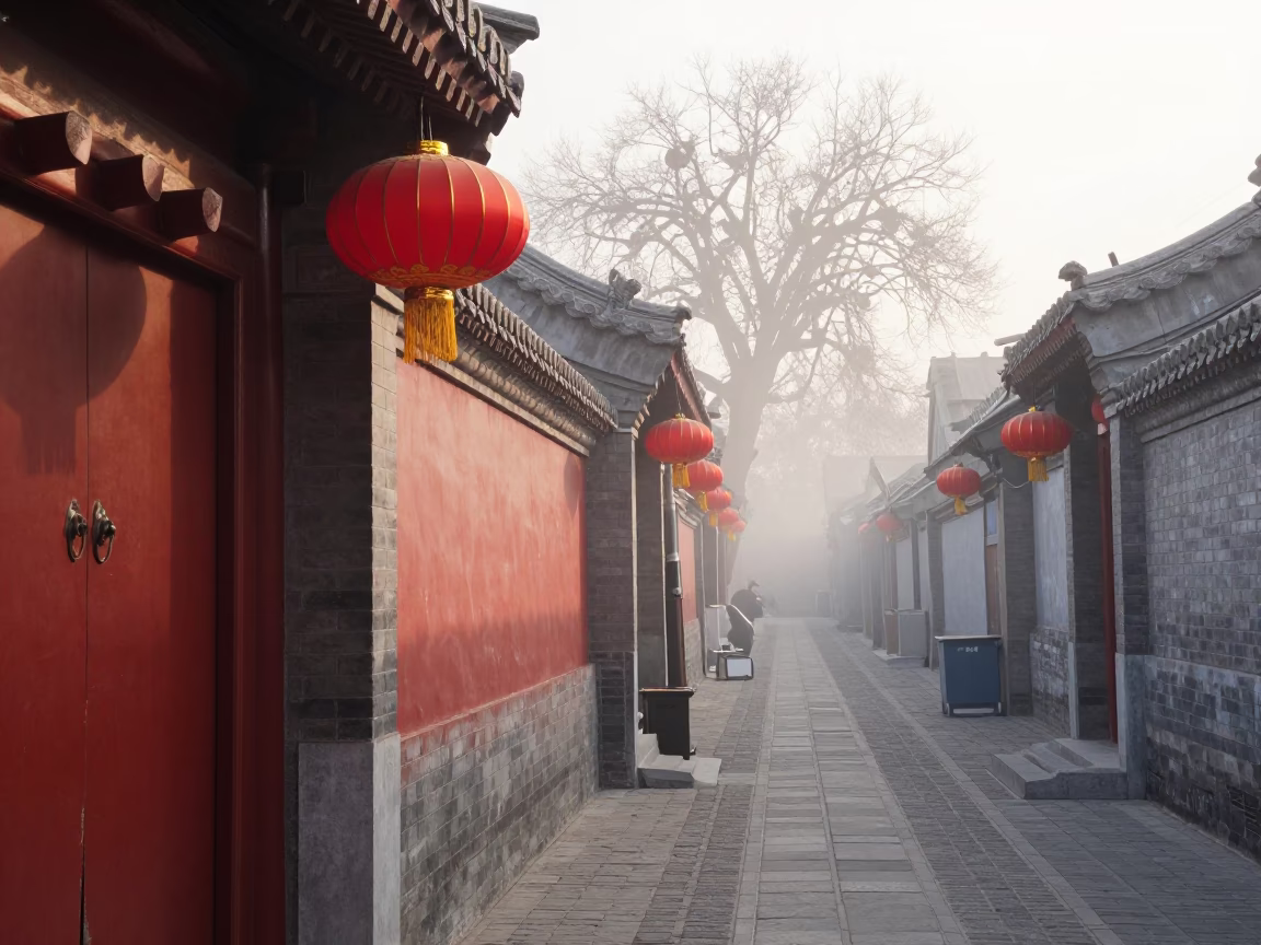 Early Morning Beijing Street Scene with Lanterns and Morning Mist in in Beijing, China