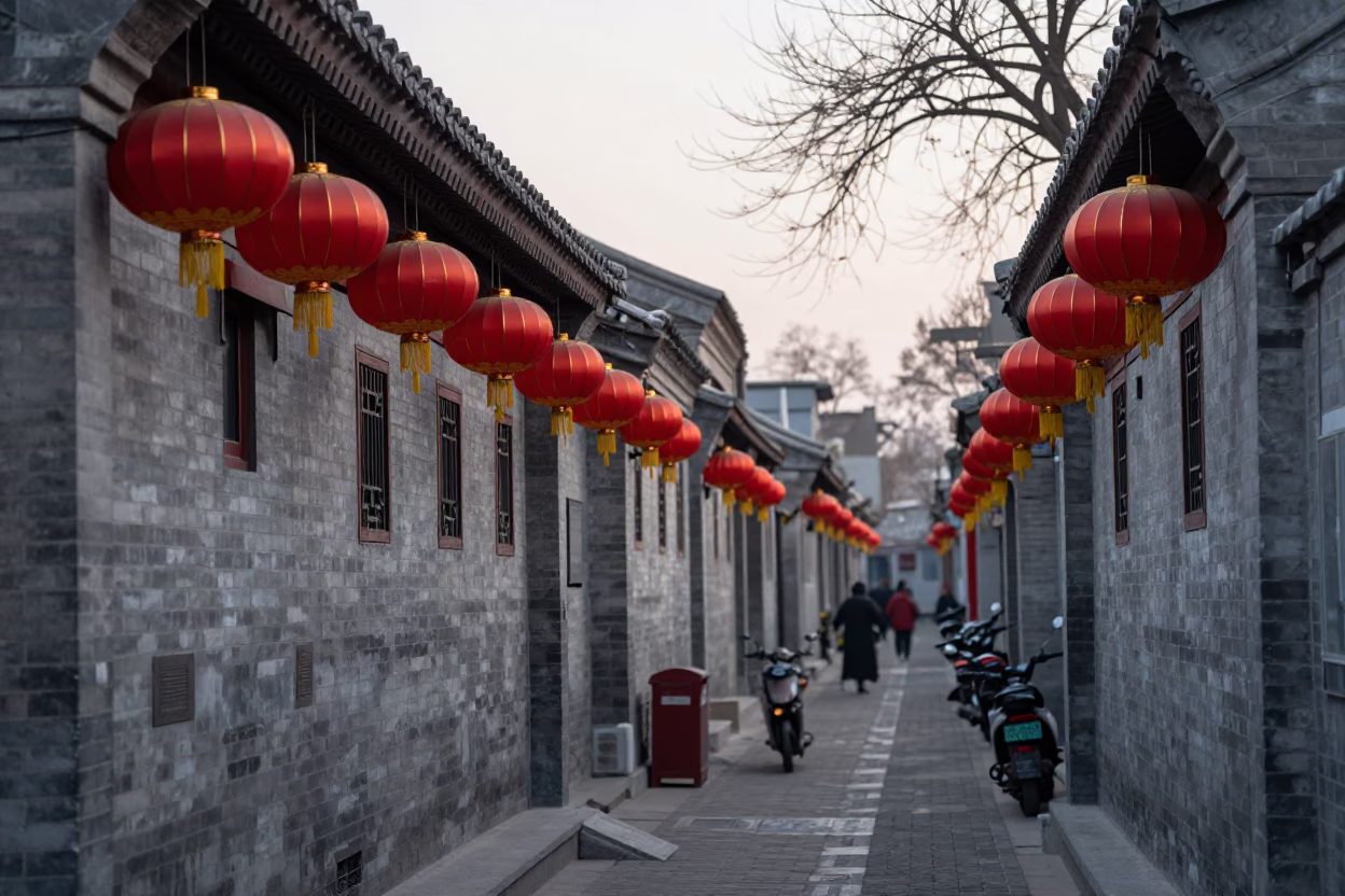 Early Morning Beijing Street Scene with Lanterns and Urban Life in in Beijing, China