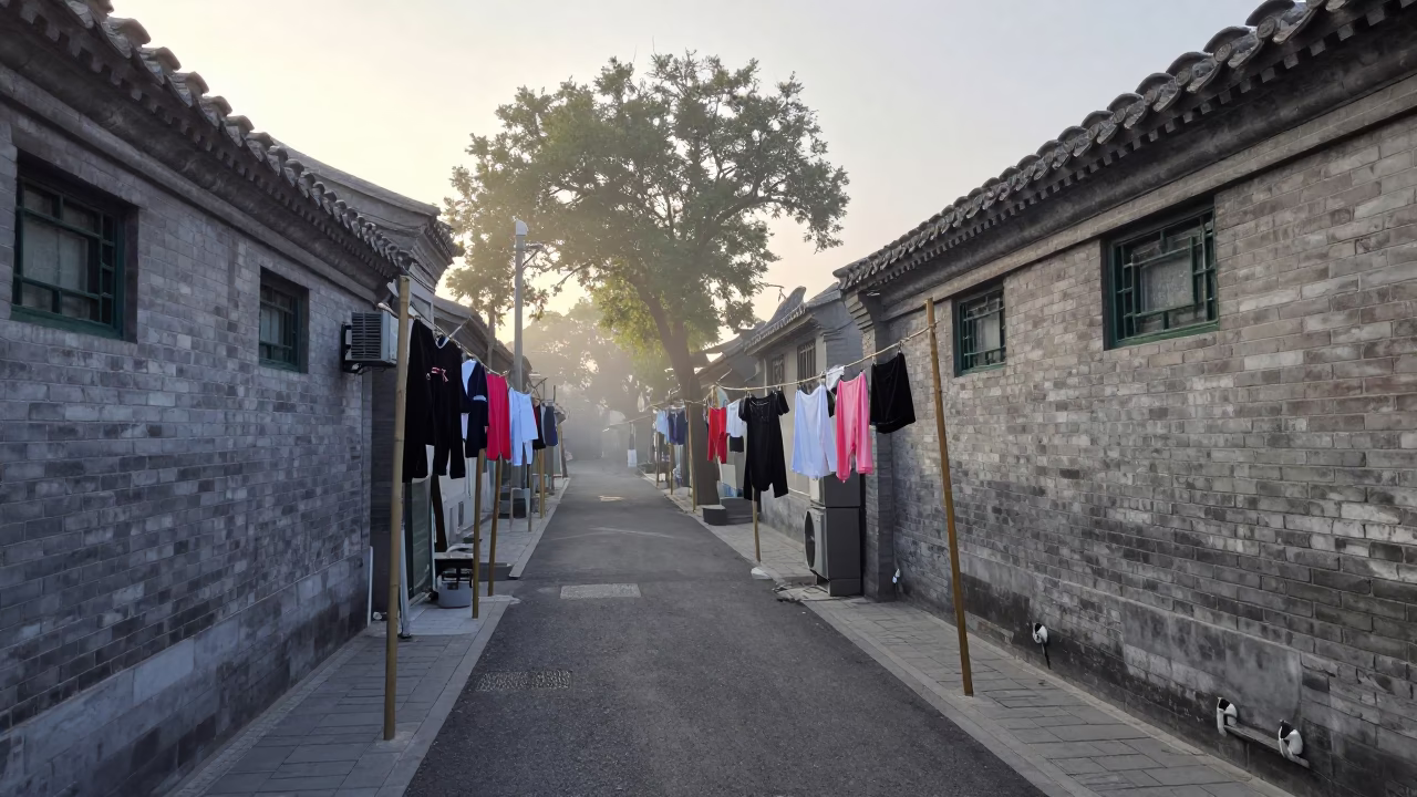 Early Morning Beijing Street Scene with Laundry Lines and Traditional Architecture in in Beijing, China