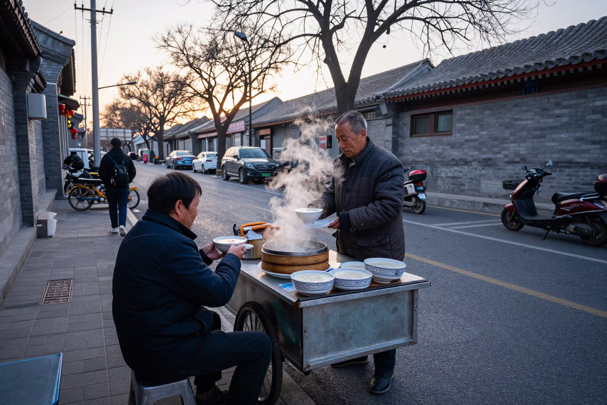 Early Morning Beijing Street Scene with Local Vendor and Morning Commuters in in Beijing, China