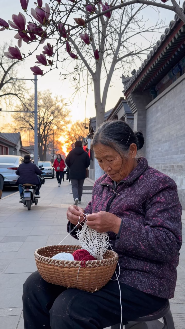 Early Morning Beijing Street Scene with Magnolia Bloom and Knitting Basket in in Beijing, China