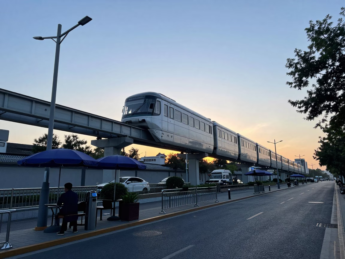 Early Morning Beijing Street Scene with Monorail and Umbrellas Before Sunrise in in Beijing, China
