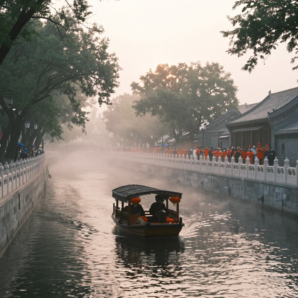 Early Morning Beijing Street Scene with Sampan on Misty River and Traditional Wedding Procession in in Beijing, China