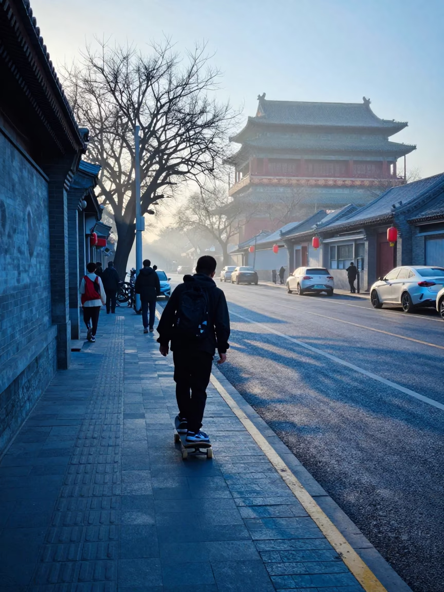 Early Morning Beijing Street Scene with Skateboarder and Traditional Architecture in in Beijing, China