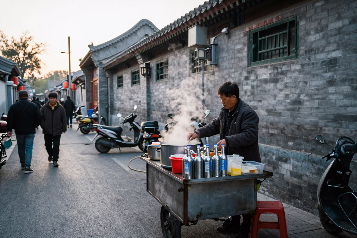 Early Morning Beijing Street Scene with Steel Bottle and Key Bowl in in Beijing, China