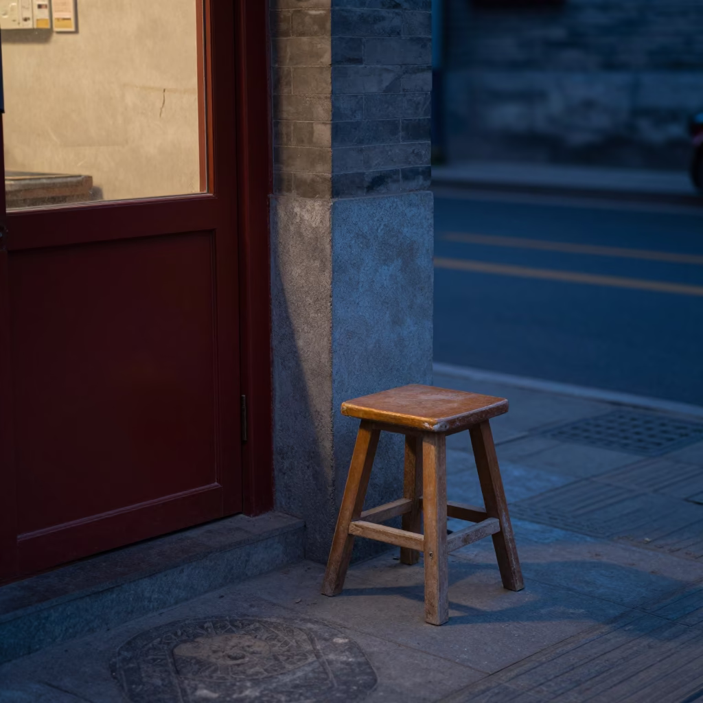 Early Morning Beijing Street Scene with Stool and Night Light Before Dawn in in Beijing, China