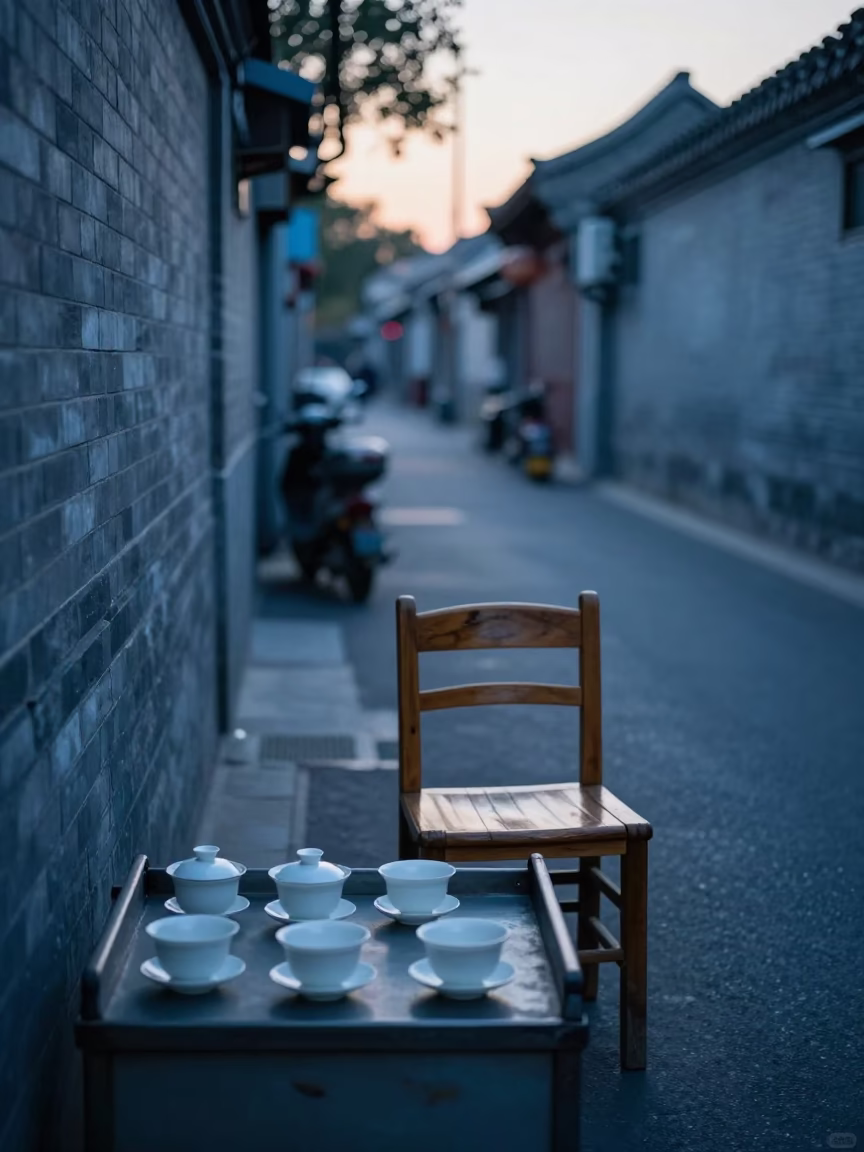 Early Morning Beijing Street Scene with Teacups and Chair Before Sunrise in in Beijing, China