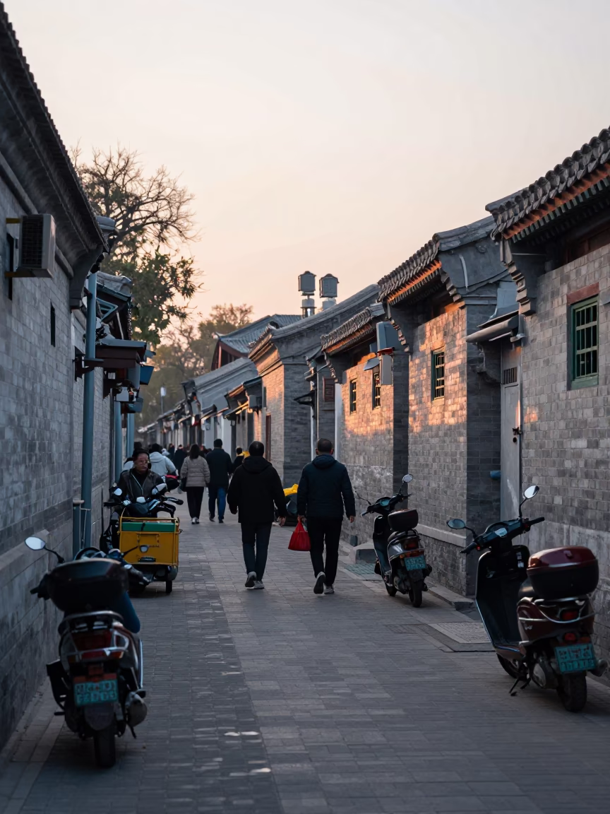 Early Morning Beijing Street Scene with Teahawker and Morning Commuters in in Beijing, China