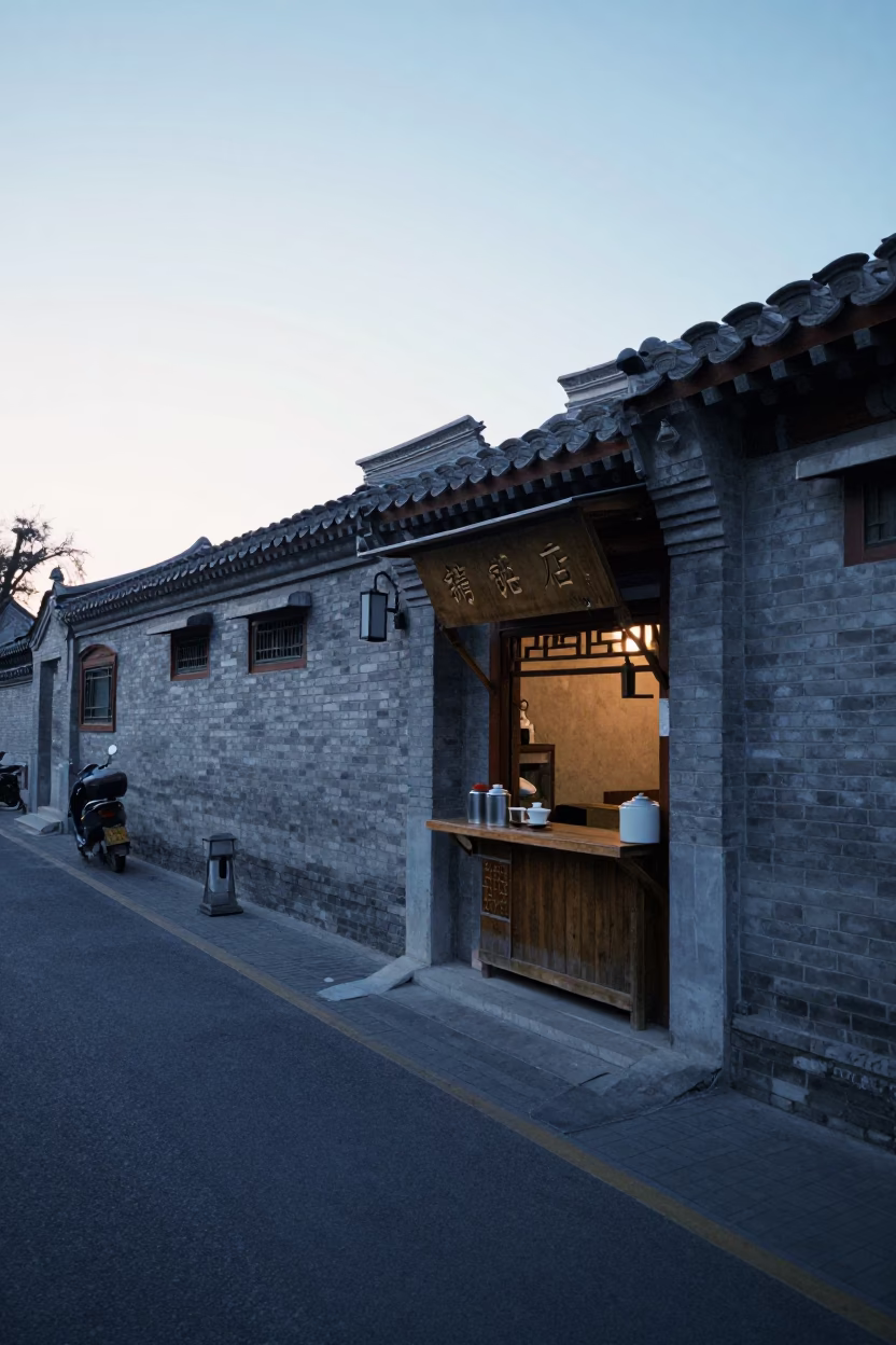 Early Morning Beijing Street Scene with Teahouse Tea Tin and Morning Routine in in Beijing, China