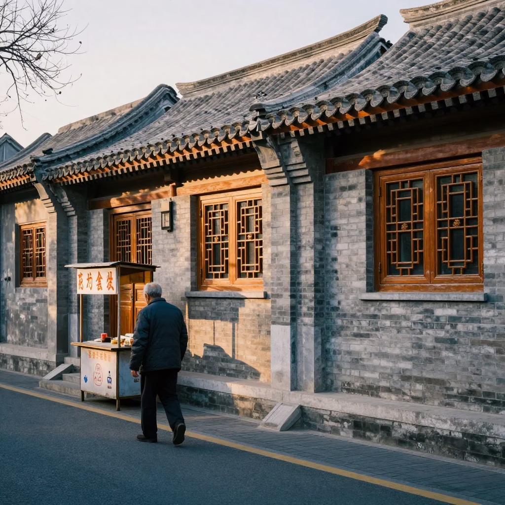 Early Morning Beijing Street Scene with Traditional Architecture and Local Morning Rituals in in Beijing, China