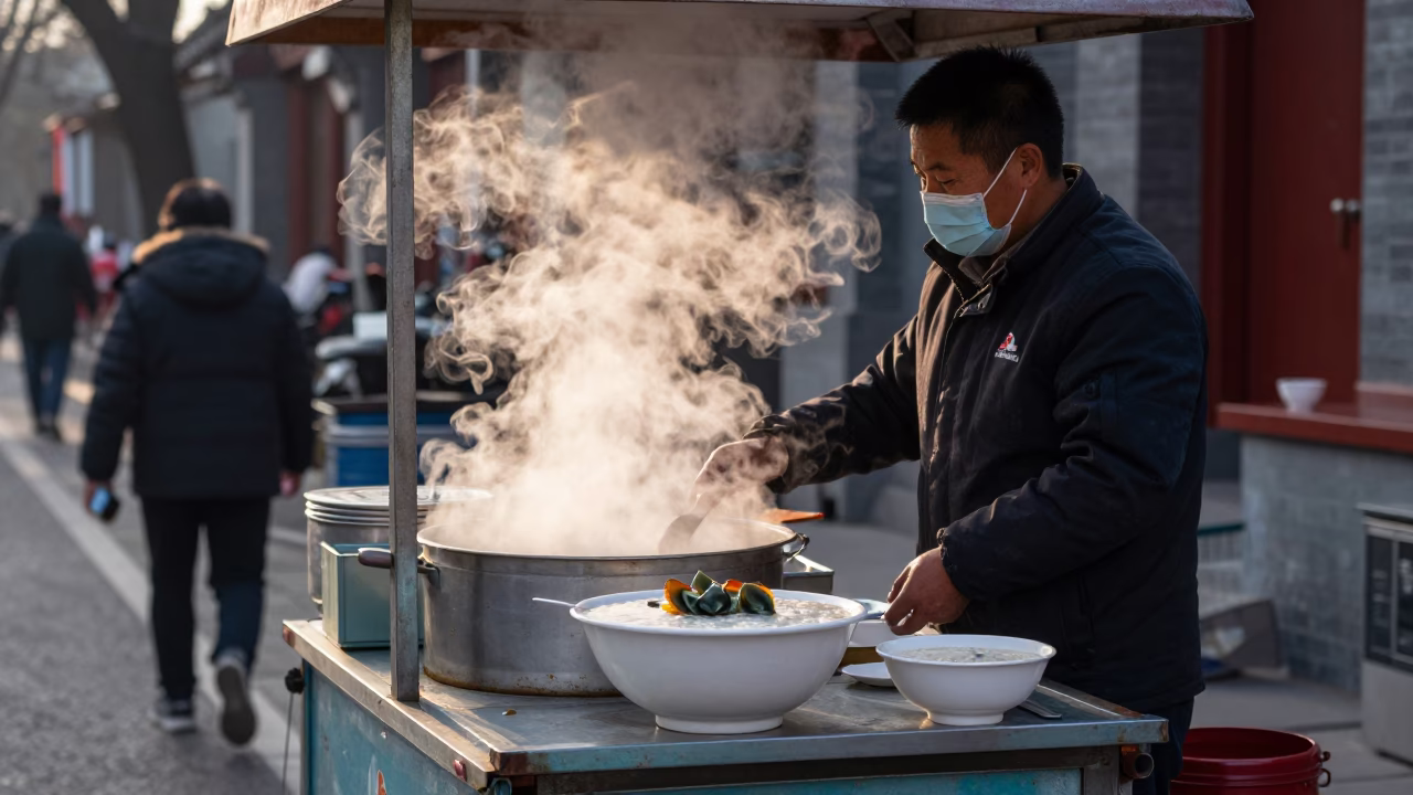 Early Morning Beijing Street Scene with Traditional Breakfast Stall and Congee Bowl in in Beijing, China
