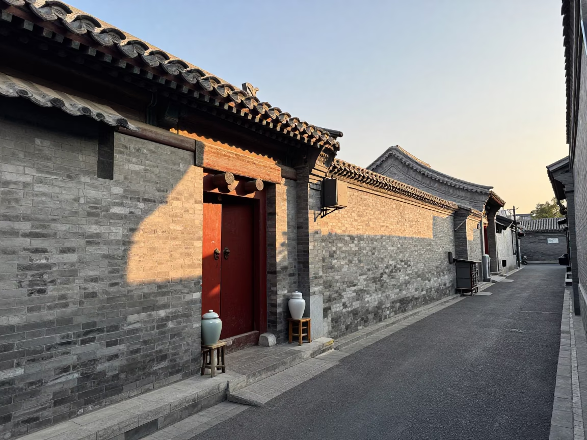 Early Morning Beijing Street Scene with Traditional Hutong Architecture and Local Life in in Beijing, China