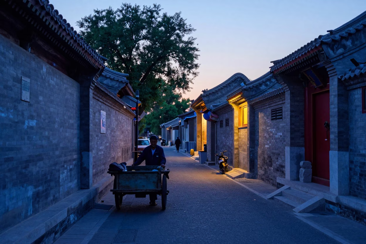 Early Morning Beijing Street Scene with Traditional Hutong Architecture and Local Vendor in in Beijing, China